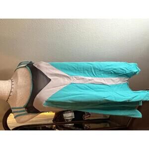 Chic Turquoise and Beige Sleeveless Dress with Mesh Detail